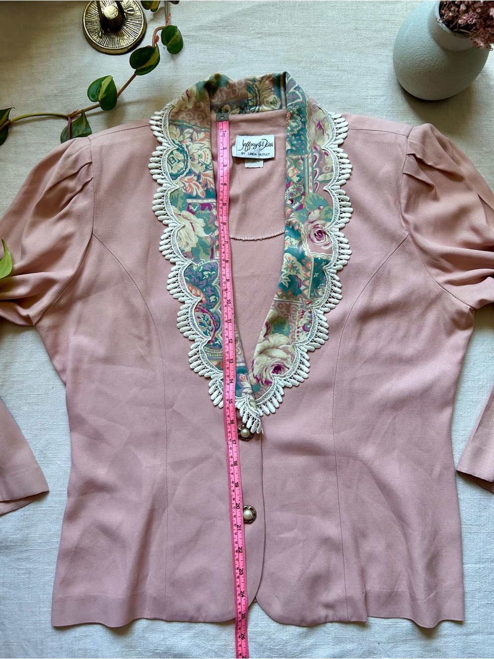 True Vintage Pink Floral-Trim Women's Blouse Blazer Jeffrey & Dara Tapestry - Picture 7 of 7